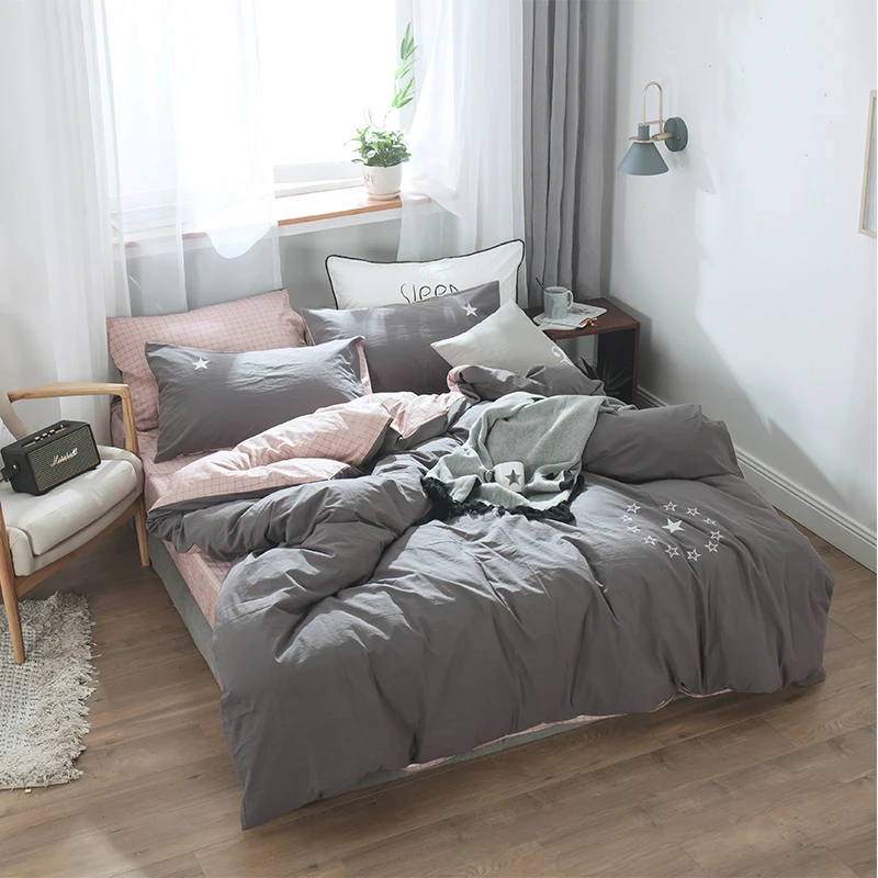 Dreamort потертый хлопок простой стиль 4 шт. queen King size постельное белье простынь на резинке+ пододеяльник+ наволочка
