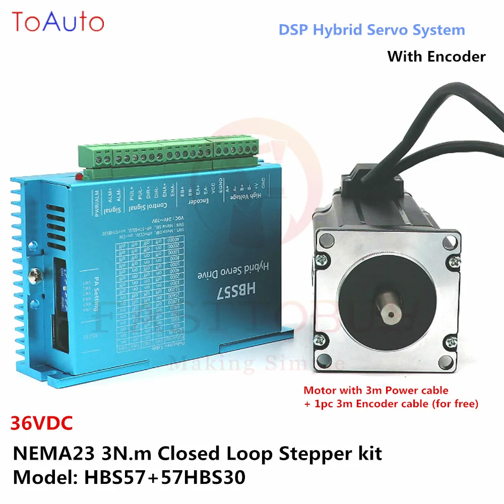 

NEMA23 3Nm Closed Loop Stepper kit HBS57+57HBS30 36VDC DSP Hybrid Servo Motor+Drive+Cables kits for CNC Engraving Laser Cutters