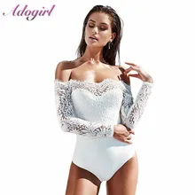 Adogirl Sexy Lace Off The Shoulder Bodysuit Woman Casual Patchwork Backless Low Out Skinny Jumpsuit Romper Body Top Clothes Lady off the shoulder flounce lace bodysuit
