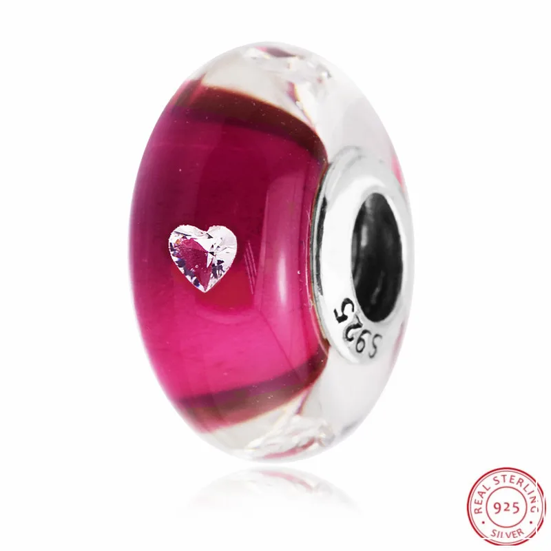 

Romantic Heart-shaped CZ & Cerise Pink Murano Glass Beads for Jewelry Making DIY Fit PANDORA Charms Silver 925 Original P5034