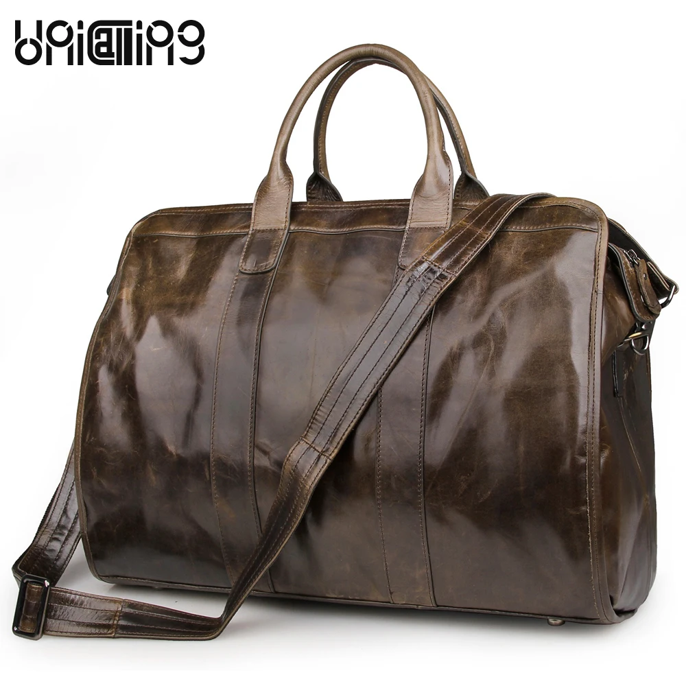 

Boston bag leather vintage men business bag handbag large capacity crossbody genuine leather handbag can hold 17 inch laptop