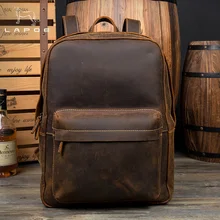 LAPOE Brand Designer Men Genuine Leather Backpack Crazy Horse Vintage Daypack Multi Pocket Casual Rucksack Vintage Handmade Tote