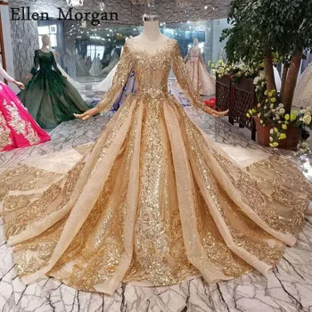 شراءالذهب الدانتيل طويلة الأكمام فساتين الزفاف 2019 صور حقيقية قارب الرقبة بريق منتفخ أنيقة مخصص السعودي زي العرائس