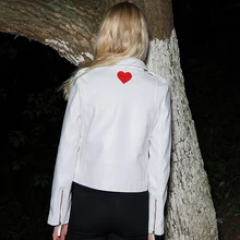 2016 Women Fashion brand White with Red Heart PU leather Jacket