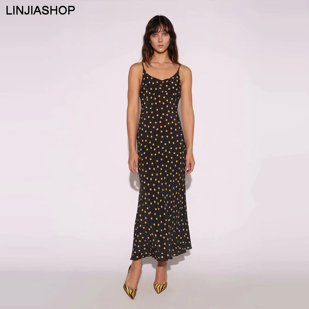 

Vintage elegant long black dress sleeveless o neck A line yellow dot ankle-length strap high waist summer dress femme robe festa