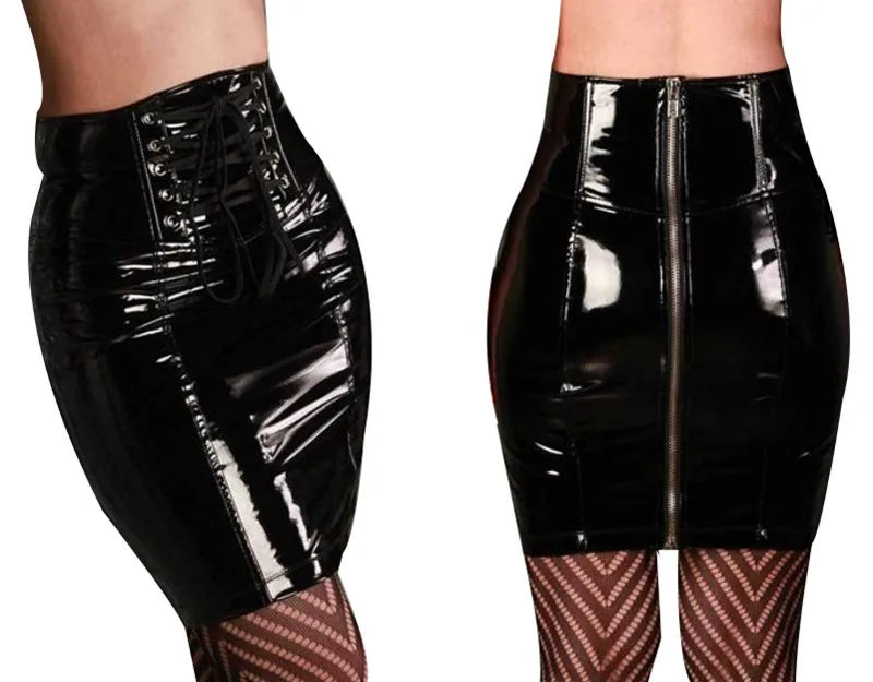 Сексуальные черные латексные мини-юбки размера плюс S-XXL, искусственная кожа, виниловая латексная Клубная одежда, юбка, сексуальный танцевальный костюм