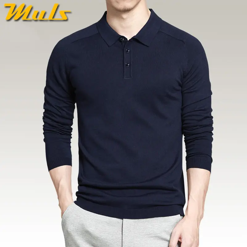 Autumn Mens Polo Sweaters Shirt Solid Color Cotton Knitted Long Sleeve Pullovers Plus Size 4XL Spring Muls Brand Super Soft - Цвет: Navy Blue