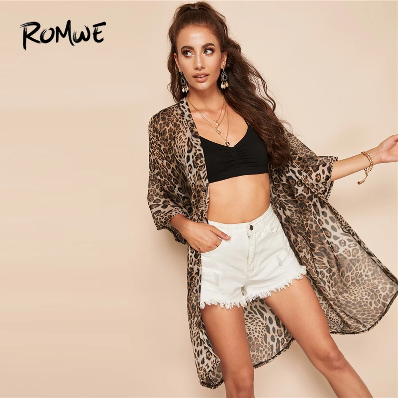 

ROMWE Open Front Leopard Print Kimono 2019 Chic Half Sleeve Summer Women Blouse Top Fashion Style Belted Longline Tops