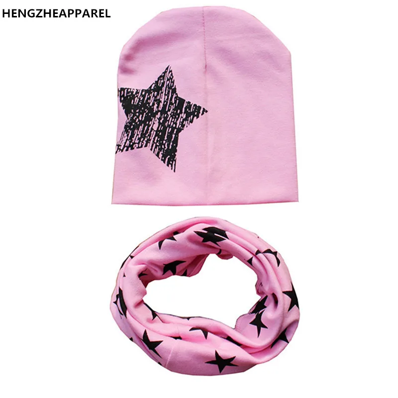 Новая хлопковая шапка со звездой+ шарф, комплекты для малышей до 3 лет, Детские воротники с героями мультфильмов, колпачки костюмы, Детские шапочки для мальчиков и девочек, аксессуары - Цвет: pink star