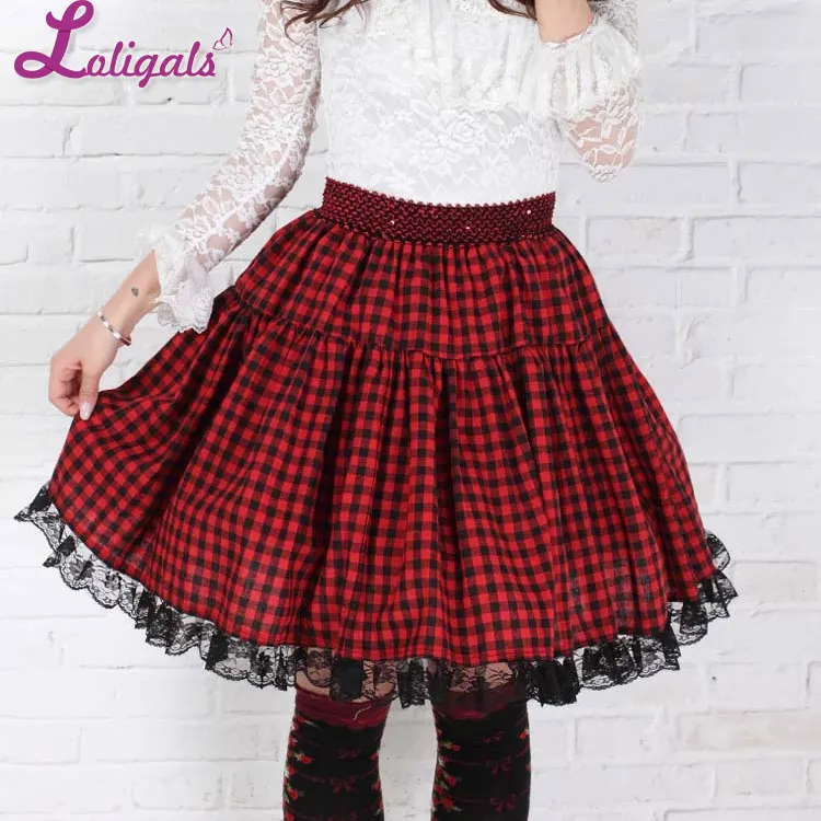 

Sweet Red Short Harajuku Skirt Pleated Plaid A line Knee Length Skirt for Women