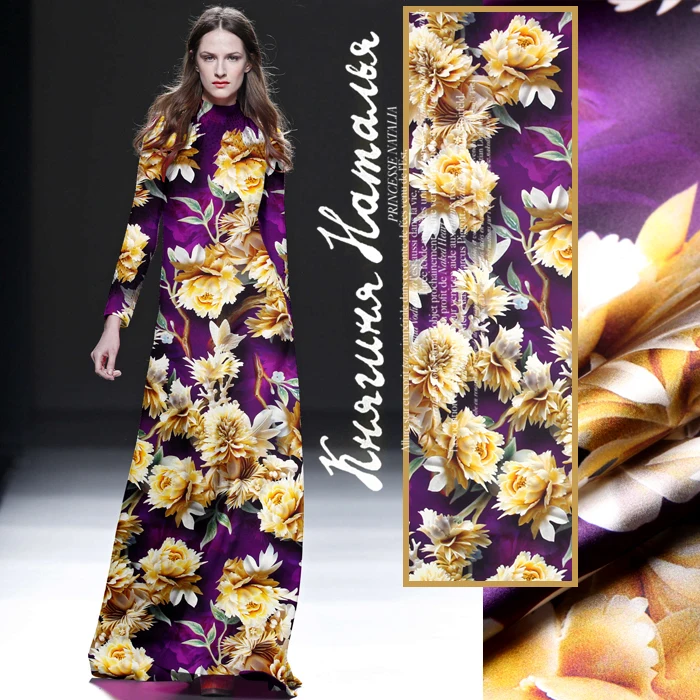 

118cm wide 19mm 93% silk & 7% spandex floral print purple stretch silk satin fabric for dress shirt clothes cheongsam D700