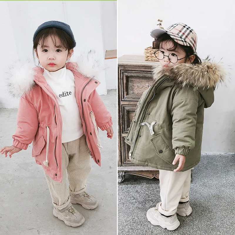 

2018 Winter New Arrival korean style cotton pure color thickened and warm hooded coat with fur collar for cute sweet baby girls