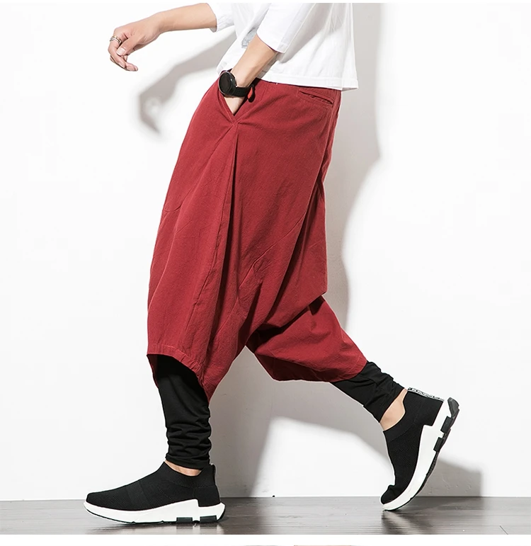 MRDONOO, Мужские штаны, мужские шаровары с широким шаговым швом, свободные, большие, укороченные брюки, широкие шаровары, китайский стиль, льняные, мешковатые