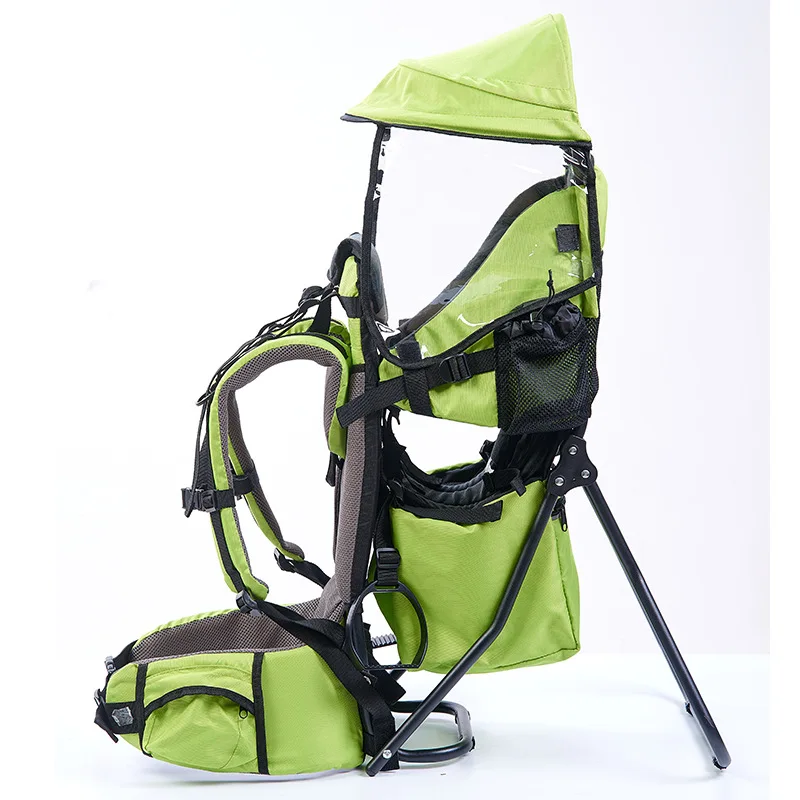 Foldable Baby Travel carrier Waterproof Baby Toddlr Hiking Backpack Outdoor Mountaineering Shade Carrier-Original Frame Chair - Color: Light Green