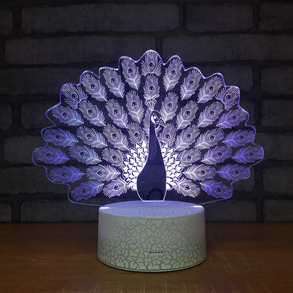 Павлин ночник лампа 3D светодиодный светильник 7 красочная настольная лампа для детей Рождественский подарок белая база с Дистанционный сенсорный выключатель управления