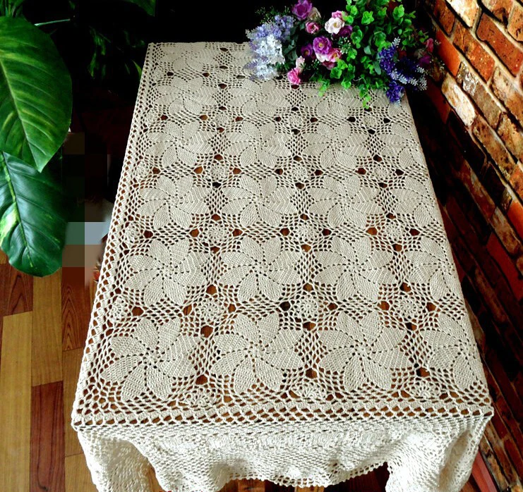 

Handmade Crochet Cotton Tablecloths Beige Flower Rectangular hollow Table cloth Sofa towels Home Cover cloth