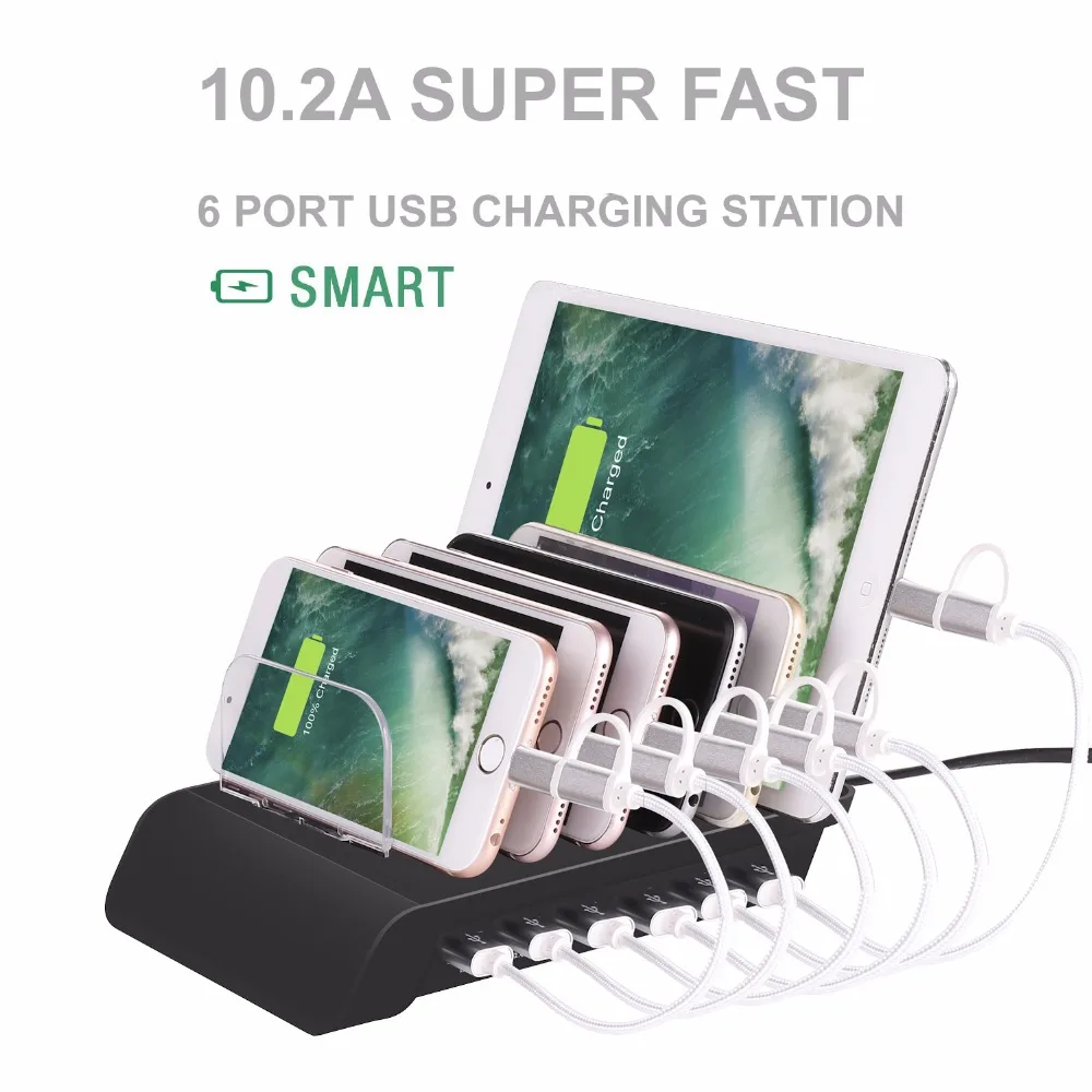 

6 ports USB phone charger station multi port charging desk stand with cables For tablet iPhone 8 7 6 6S 5 Samsung xiaomi HTC