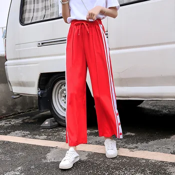 

Side Striped Split Loose Wide Leg Women Gold Velvet Pants Summer Straight Sports Wear Pants Female Drawstring Long Trousers