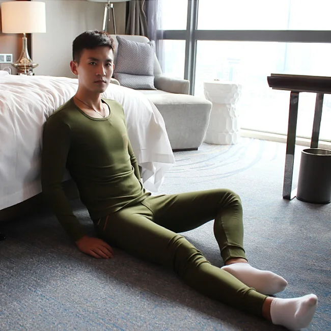 Мужское нижнее белье кальсоны костюм тонкий o-образным вырезом хлопок Мягкий на основе теплый костюм HJL914 - Цвет: Армейский зеленый