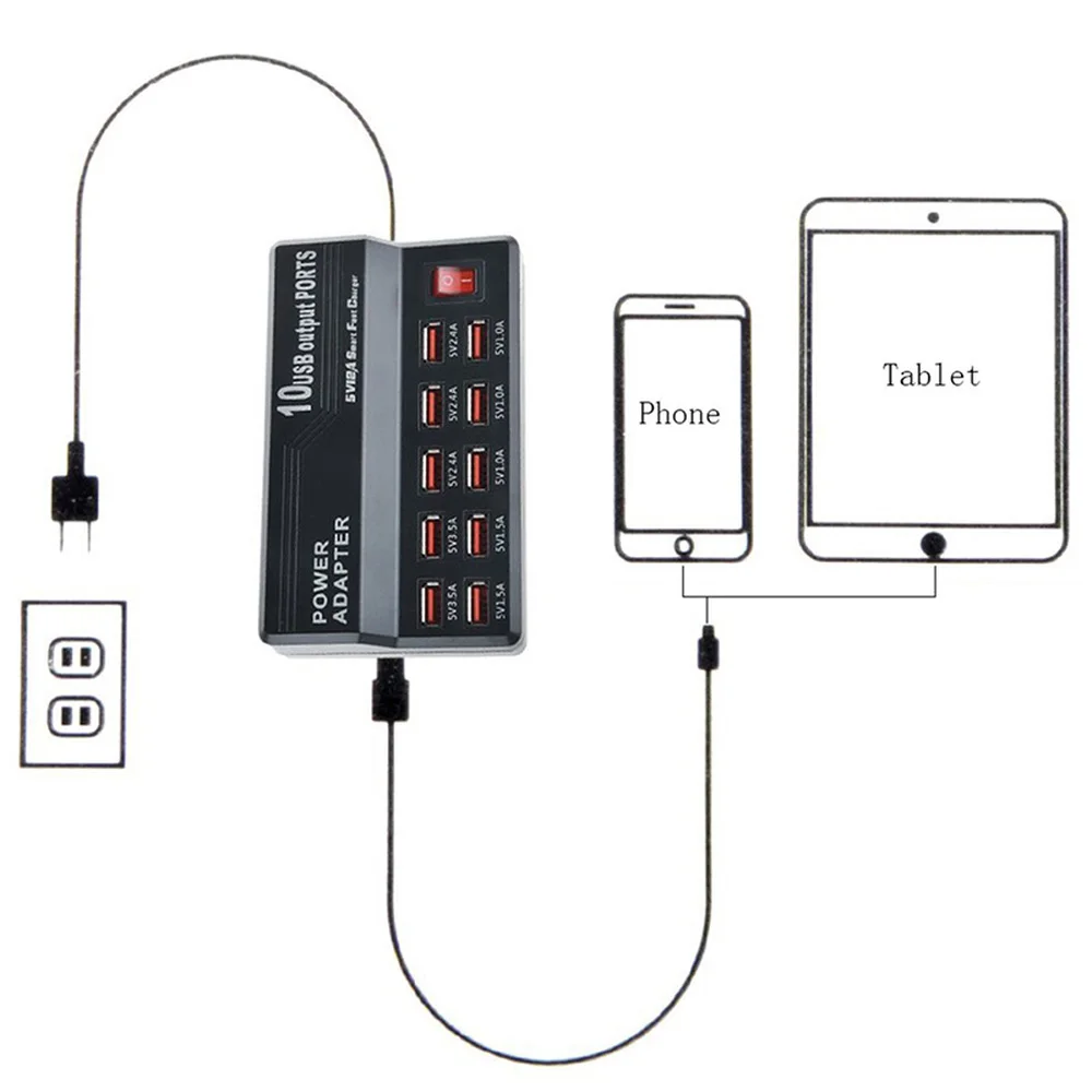 Настольное USB зарядное устройство, адаптер для путешествий, мульти 10 портов, с настенным штекером, шнур для зарядки телефона, станции для смартфона, планшета, ноутбука