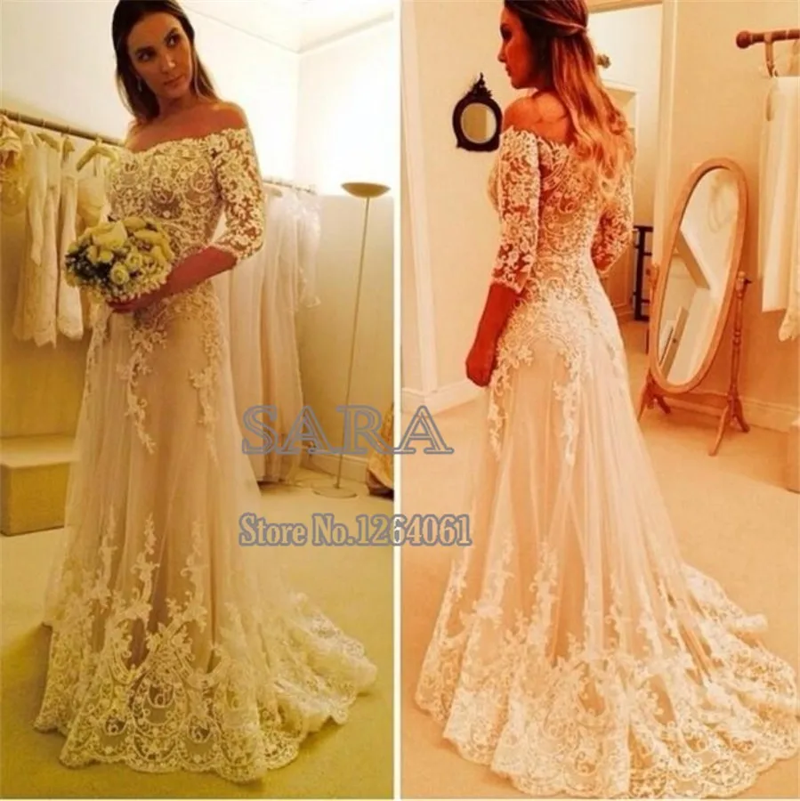 off the shoulder applique wedding dress