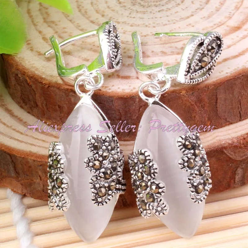 Marquise Cat Eyes Stone Beads,Tibetan Silver 10x22mm Earrings 14x30mm Pendant Fashion Style,Wholesale Free Shippig - Окраска металла: Earring