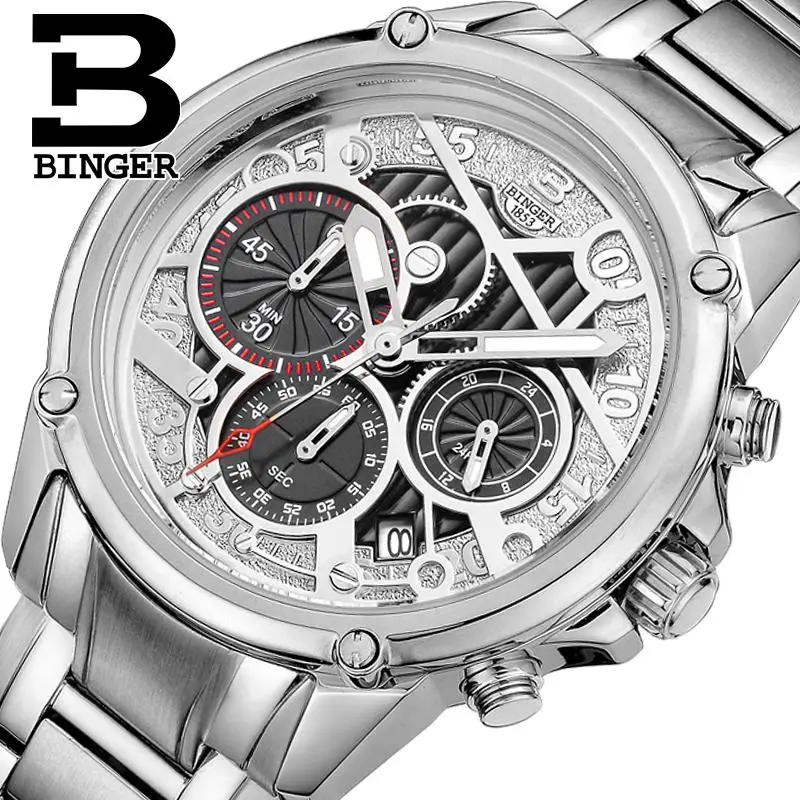 

BINGER Quartz Men Watches Switzerland Men's Watch Luxury Brand clock full stainless steel Chronograph Diver glowwatch B-6008-1