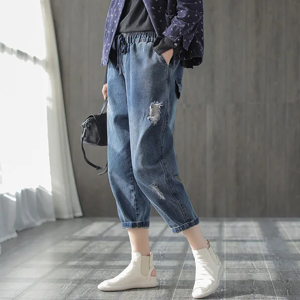 Women Ripped Ankle-Length Jeans Spring Autumn Solid Color Elastic Waist Drawstring Bleached Casual Harem Pants Female Wild Tide |
