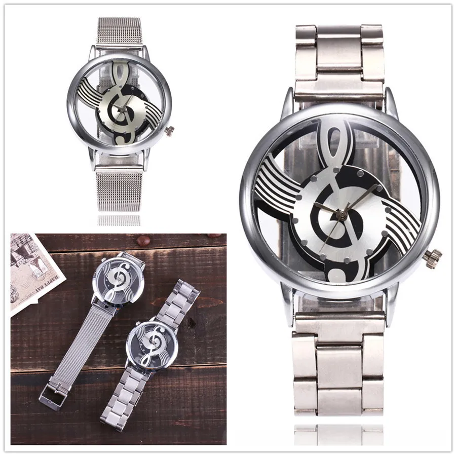 New Vansvar Brand Fashion Hollow Music Note Notation Watch Stainless Steel Quartz Wristwatch For Men Women Silver Mesh Watches