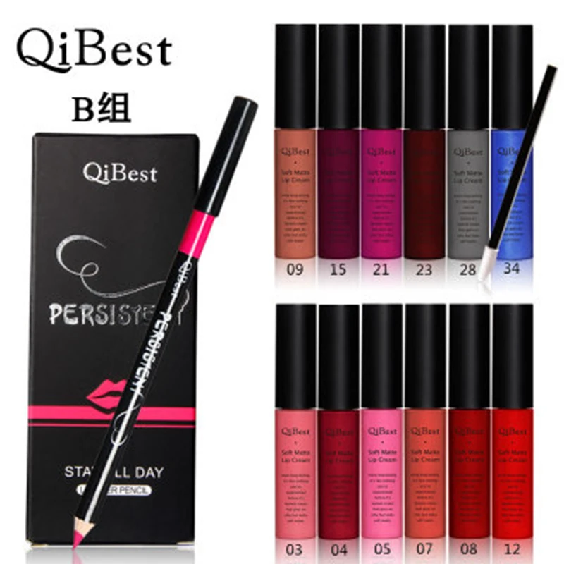 QiBest профессиональный набор для макияжа губ 12 цветов Матовая жидкая помада+ 12 цветов губная помада карандаш+ 12 кисть для губ красочная косметическая кисточка