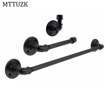 

MTTUZK 3piece/set Black Vintage Cast Iron Towel Bar Robe hook Paper Holder Wall Mounted DIY Pipe Bath Hardware Set