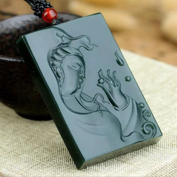 

High Quality Pure natural hand carved qing yu guanyin necklace pendant/