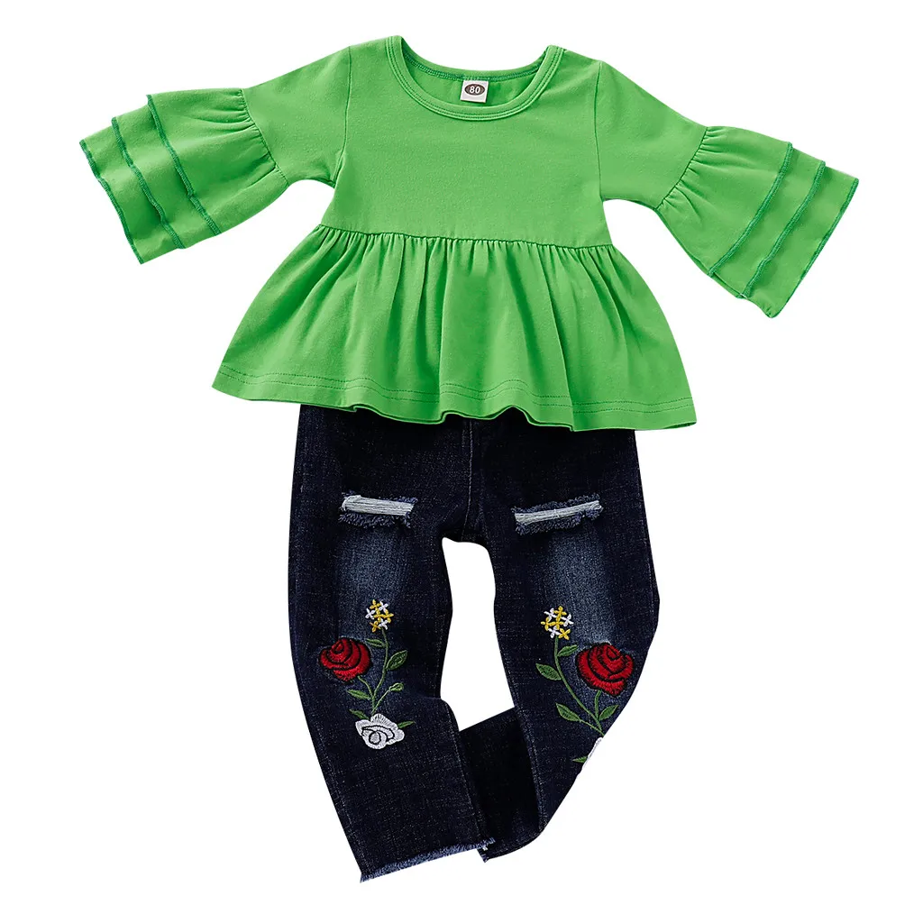 Одежда для девочек Детский комплект, лето, футболка с оборками для маленьких девочек Топы+ цветочные вышитые джинсовые брюки, комплект одежды, детская одежда - Цвет: Зеленый