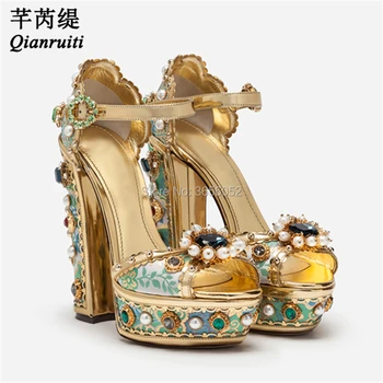 

Qianruiti Colorful Embroidery Crystal Buckle Strap Platform Shoes Wedding High Heels Diamond Pearls Luxury Gladiator Sandals