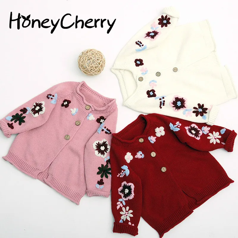 

2019 Girls Cardigan Embroidery Knitted Sweater Cardigan Button Baby Jacket Girls Winter Sweaters Sweater Baby Girl