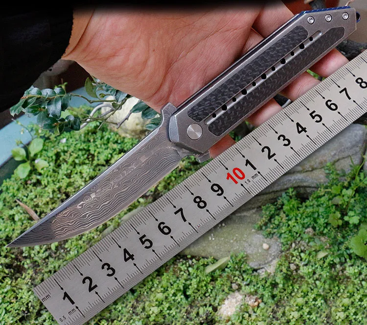 Freewolf шарикоподшипник Флиппер складной нож VG10 Дамасская сталь точка падения лезвие углеродное волокно+ TC4 титановый сплав ручка H0169