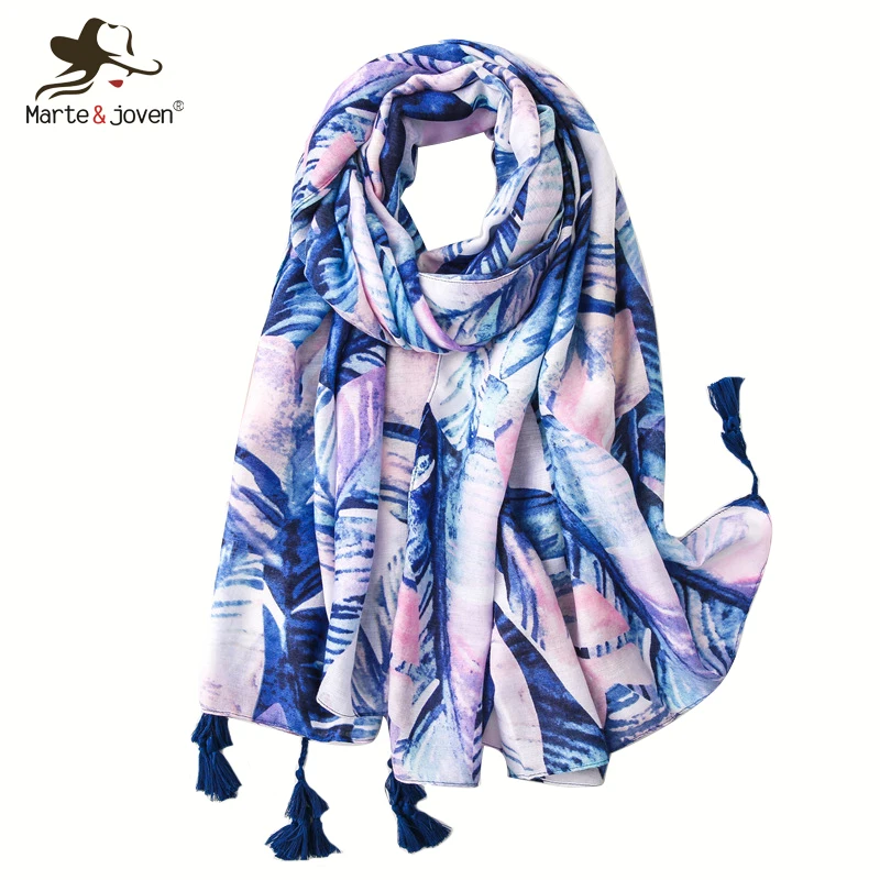 

Marte&Joven Classic Leaves Printed Blue Tassel Women Scarf Fashion Long 180x90cm Summer Shawl Pashmina for Ladies Bandana Hijab