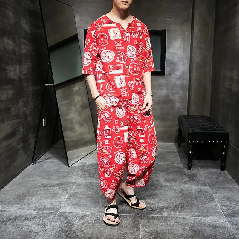 

M-5XL Japanese Streetwear Tracksuit Men Linen T Shirt + Cropped Pants Two Piece Set Loose Fit Mens Clothing Large Sizes XXXXXL