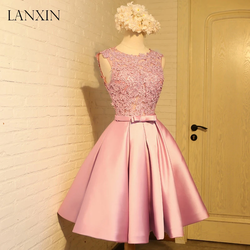 

Pink Short Homecoming Dress 2019 Ball Gown Lace Applique Satin Junior Girls Prom Dress Graduation Gown