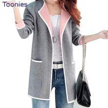 Long Sweaters 2017 Women New Autumn All-match Patchwork Full sleeve Slim Pocket Knitted Cardigan Sweater M-XXXL Free shipping