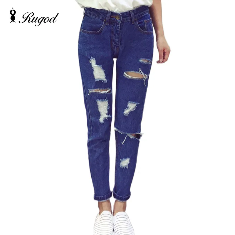 2016 New Fashion Ripped Holes Jeans Women Cool Denim Vintage Full Length jeans for Girl Mid