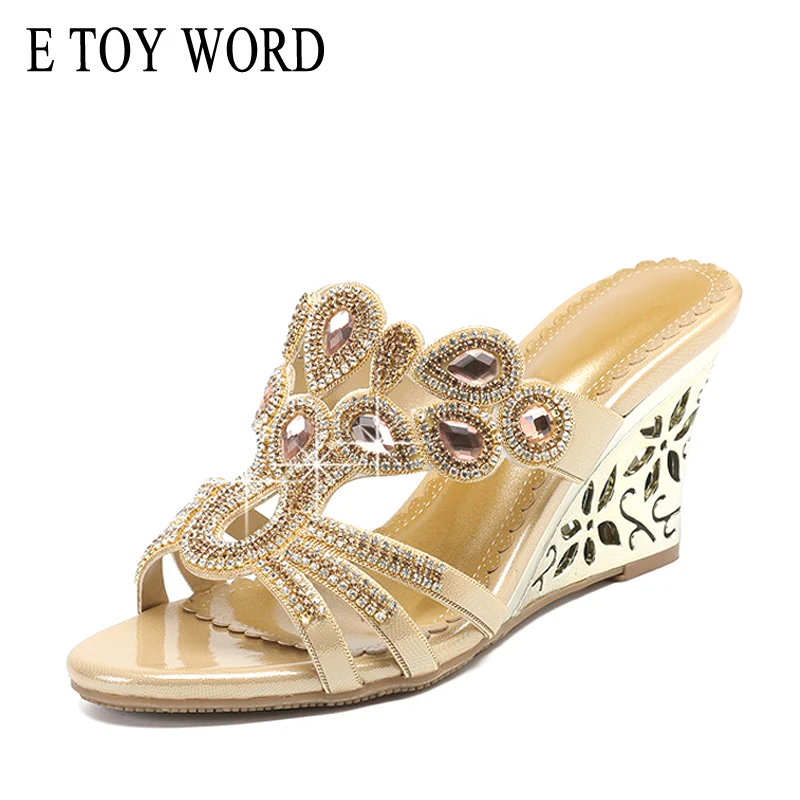 

E TOY WORD Women shoes rhinestone high heel sandals 2019 new summer ladies flower slippers Genuine Leather wedge sandals women