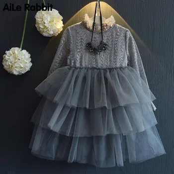 

Girl Dress Autumn New Cake Pettiskirt Dress Birthday Party Princess Dress Gauze Gray Boutique Apparel K1