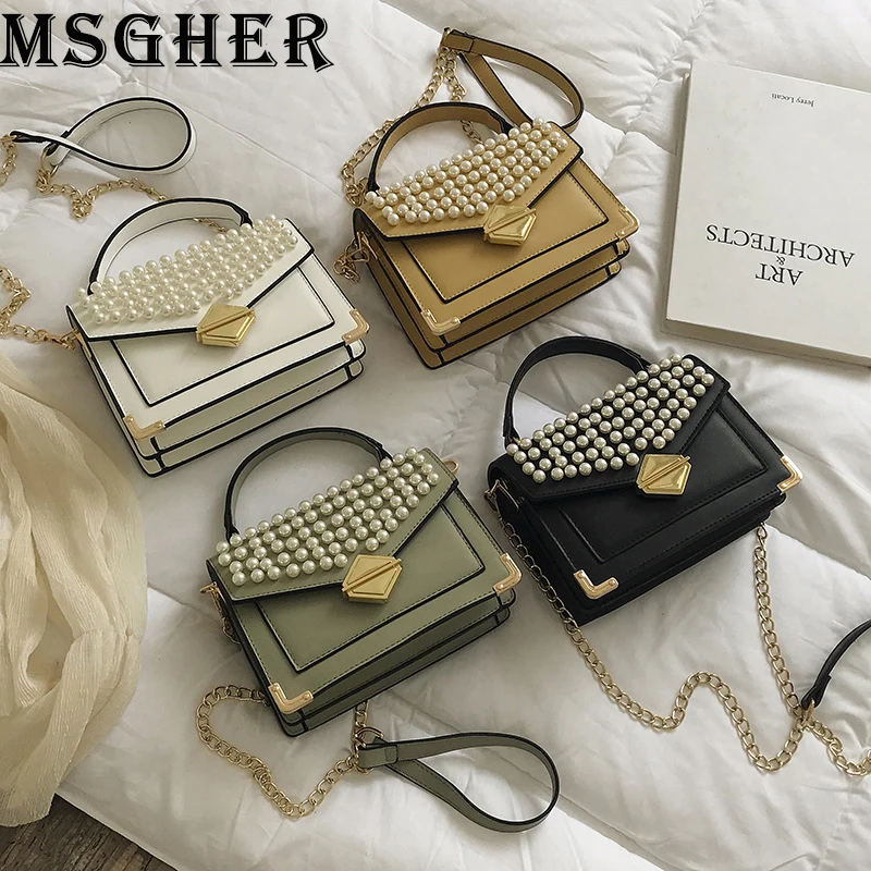 

MSGHER Handbags Women High Designer Shoulder Bags Summer Pearl Chain Bags Female Small Bags PU Crossbody Bags
