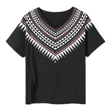 Для женщин летние NationalTrend печати v-образным вырезом короткий рукав с боковыми Повседневное Ультра свободные полностью хлопковые черная футболка