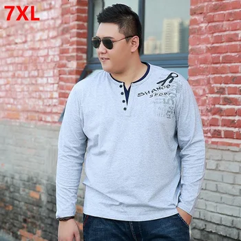 

Spring Autumn Large Size Men's Cotton T-Shirt Long Sleeve Large Size Plus Fertilizer Increase V-neck Stretch 7XL Compassionate