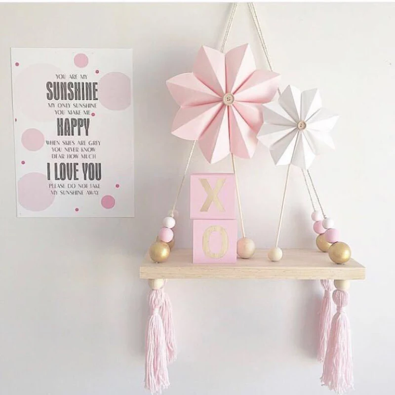 

Nordic Decoration Wooden Wall Shelf with Pearl Tassel Nursery Kids Room Decor Clothes Organizer Storage Holders Furniture Toys