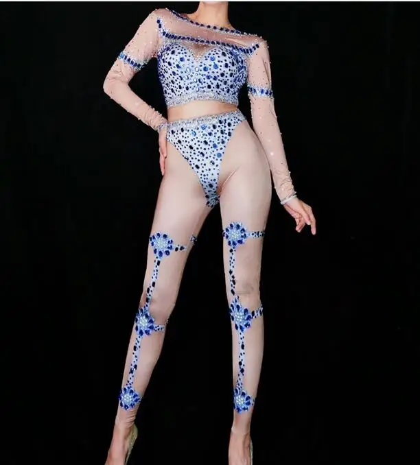 Королевский с синими стразами стрейч комбинезон-трико костюм Go-Go для певицы для сцены износ вечерние шоу танцевальная одежда производительность боди - Цвет: Jumpsuit Only
