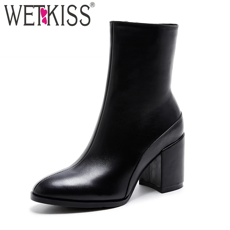 

WETKISS New Arrival Concise Leisure Ankle Boots Comfortable Natural Leather Female Footwear High Thick Heels Size Zip Shoes Lady