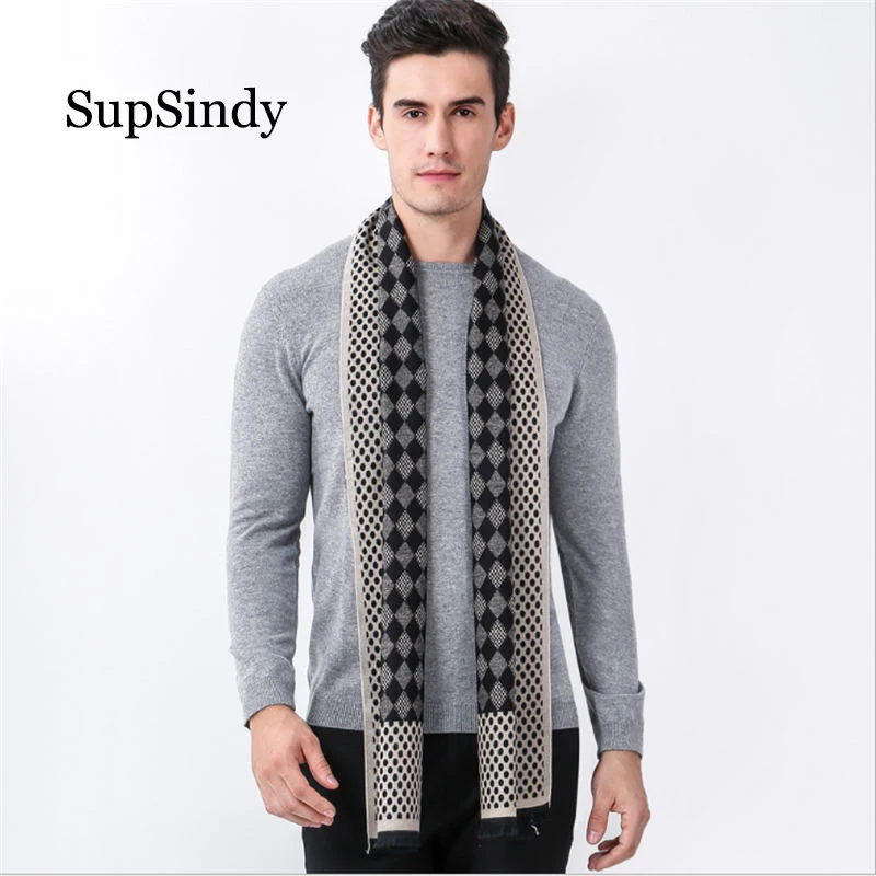 

SupSindy Winter scarf men Vintage Soft diamond plaid Black dots scarves luxury shawl Warm cashmere wool Acrylic Casual men scarf